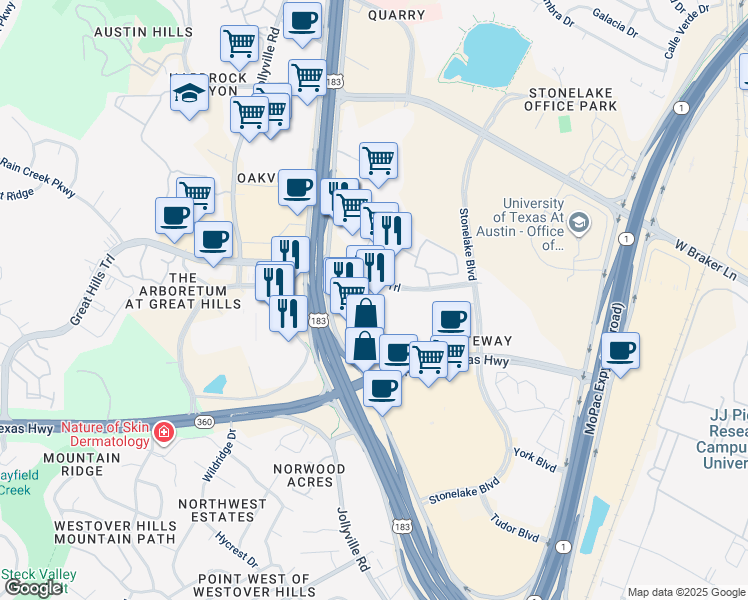 map of restaurants, bars, coffee shops, grocery stores, and more near 10001 Research Boulevard in Austin