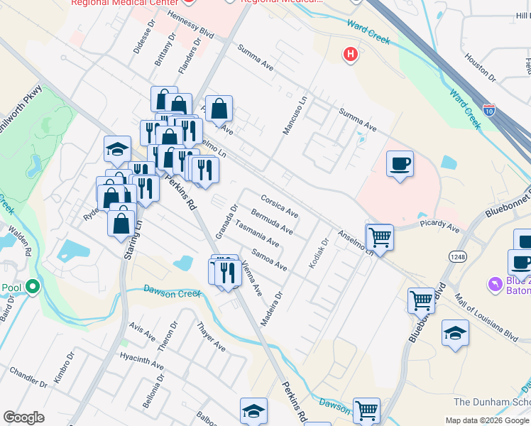 map of restaurants, bars, coffee shops, grocery stores, and more near 9362 Corsica Avenue in Baton Rouge