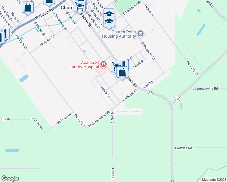 map of restaurants, bars, coffee shops, grocery stores, and more near 916 South Broadway Street in Church Point