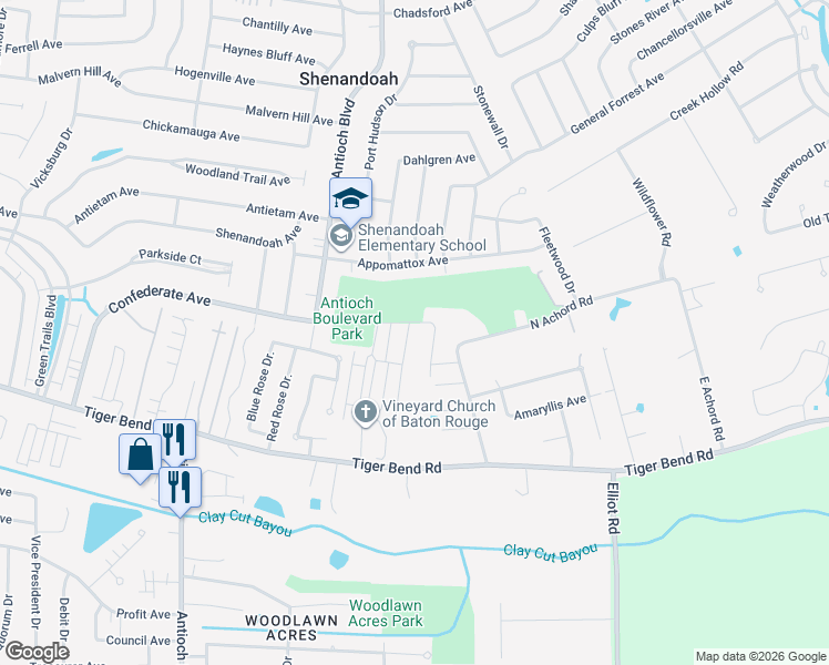 map of restaurants, bars, coffee shops, grocery stores, and more near 6304 Muir Street in Baton Rouge