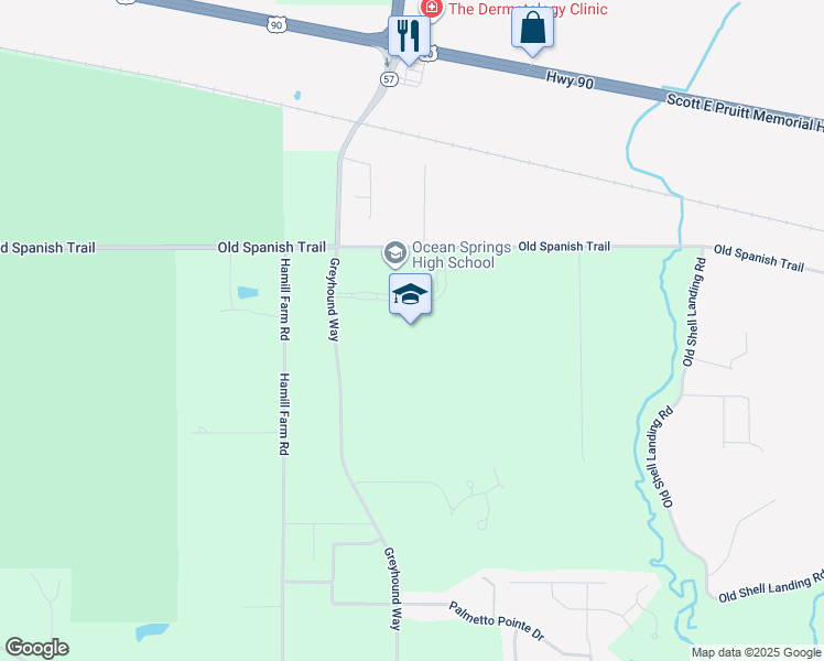 map of restaurants, bars, coffee shops, grocery stores, and more near 6701 Old Spanish Trail in Ocean Springs