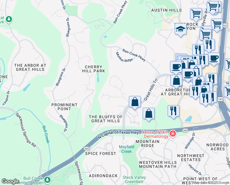 map of restaurants, bars, coffee shops, grocery stores, and more near 9106 Breeze Point Cove in Austin