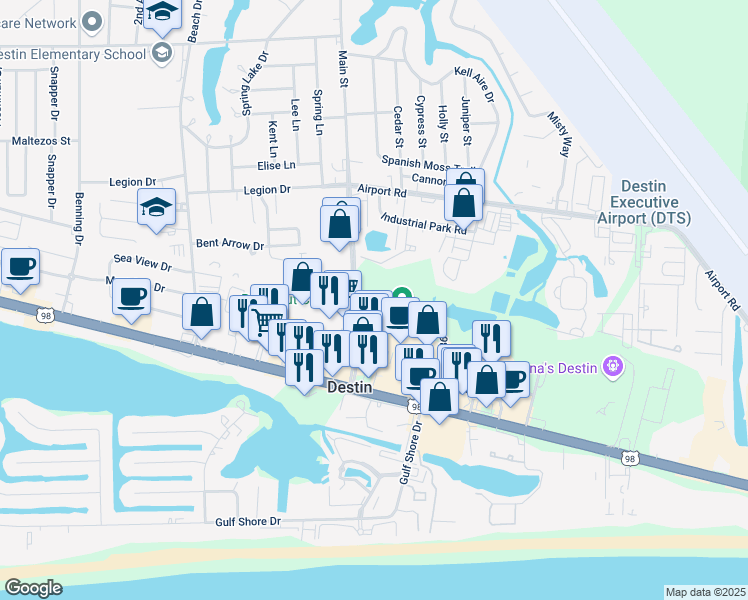 map of restaurants, bars, coffee shops, grocery stores, and more near 180 Main Street in Destin