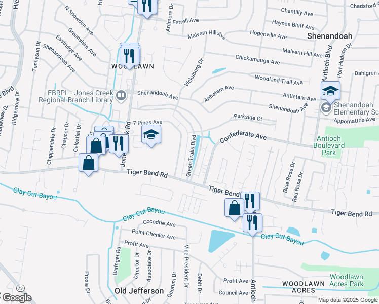map of restaurants, bars, coffee shops, grocery stores, and more near 15504 Green Trails Boulevard in Baton Rouge