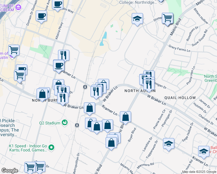 map of restaurants, bars, coffee shops, grocery stores, and more near 2222 West Braker Lane in Austin
