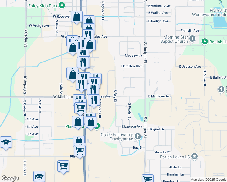 map of restaurants, bars, coffee shops, grocery stores, and more near 1001-1099 S Bay St in Foley