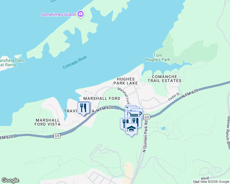 map of restaurants, bars, coffee shops, grocery stores, and more near 5008 Marshall Ford Road in Austin