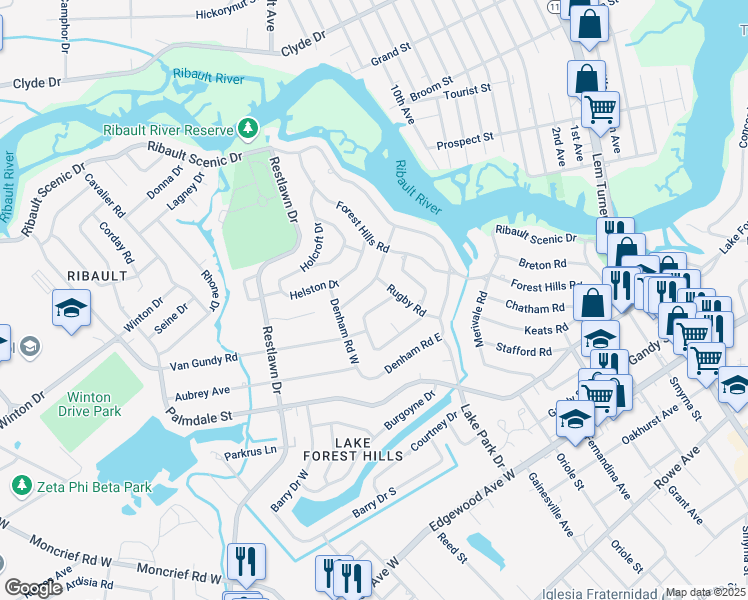 map of restaurants, bars, coffee shops, grocery stores, and more near 7918 Caxton Circle West in Jacksonville