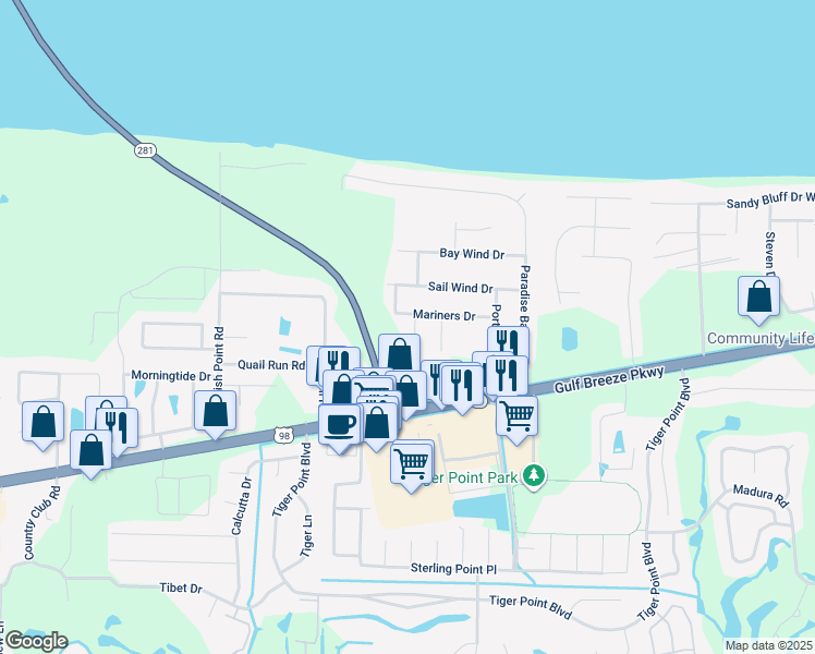 map of restaurants, bars, coffee shops, grocery stores, and more near 1519 Lighthouse Court in Gulf Breeze