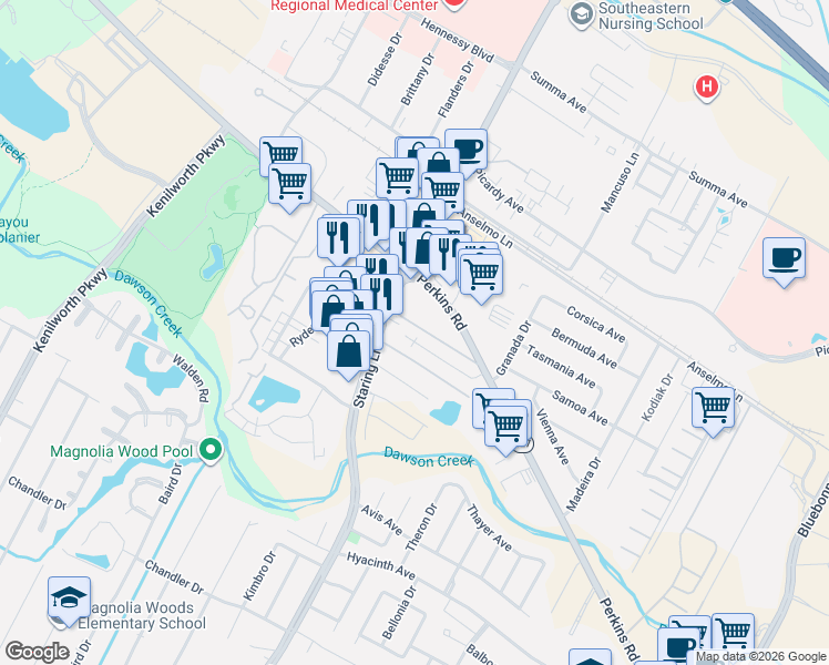 map of restaurants, bars, coffee shops, grocery stores, and more near 2020 Staring Lane in Baton Rouge
