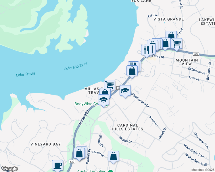 map of restaurants, bars, coffee shops, grocery stores, and more near 2918 Ranch Road 620 North in Austin