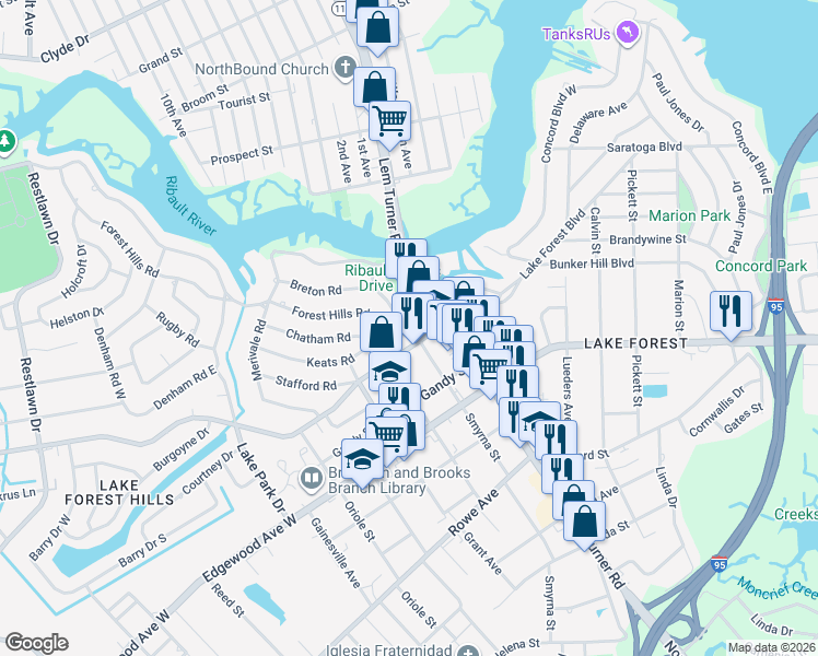 map of restaurants, bars, coffee shops, grocery stores, and more near 1412 Keats Circle in Jacksonville