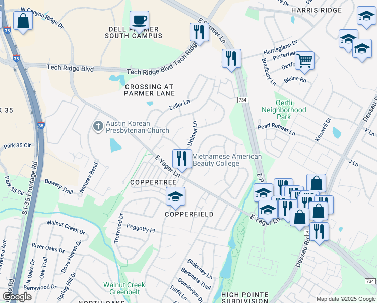 map of restaurants, bars, coffee shops, grocery stores, and more near 1006 Markham Lane in Austin