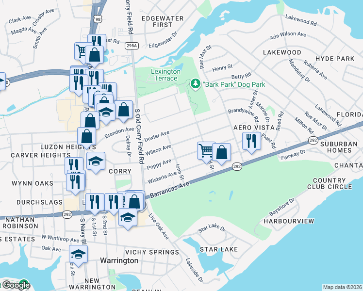 map of restaurants, bars, coffee shops, grocery stores, and more near 1330 Wilson Avenue in Pensacola