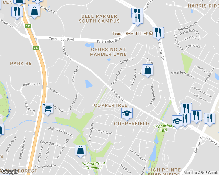 map of restaurants, bars, coffee shops, grocery stores, and more near E Yager Ln & Copperfield Dr in Austin