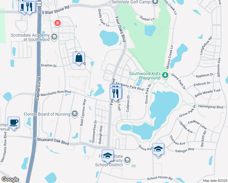 map of restaurants, bars, coffee shops, grocery stores, and more near 3989 Four Oaks Boulevard in Tallahassee
