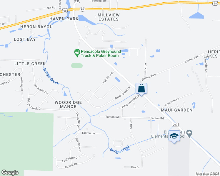 map of restaurants, bars, coffee shops, grocery stores, and more near 10602 Bridge Creek Drive in Pensacola