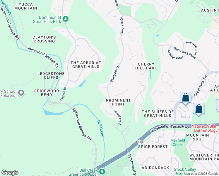map of restaurants, bars, coffee shops, grocery stores, and more near 8900 Bluegrass Drive in Austin