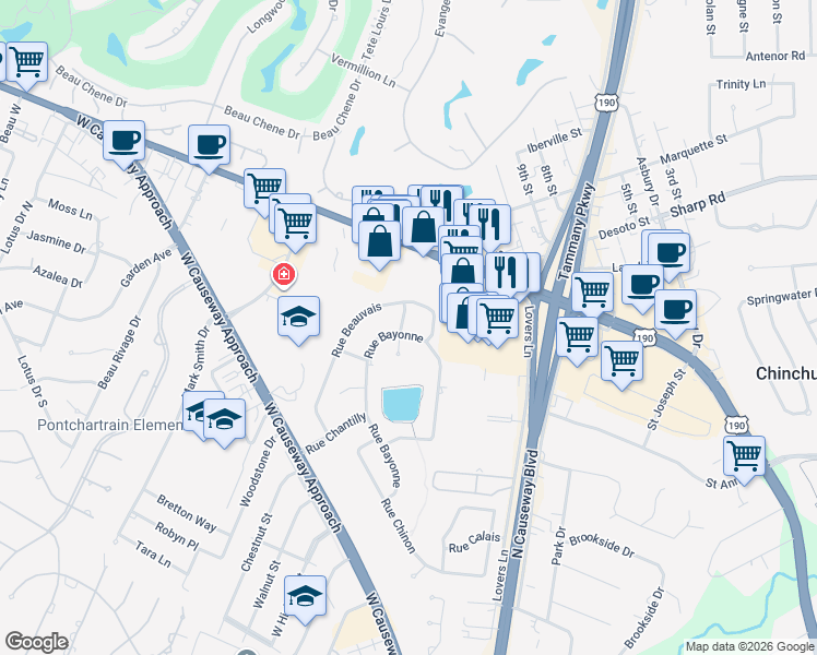 map of restaurants, bars, coffee shops, grocery stores, and more near 1405 Rue Avignon in Mandeville