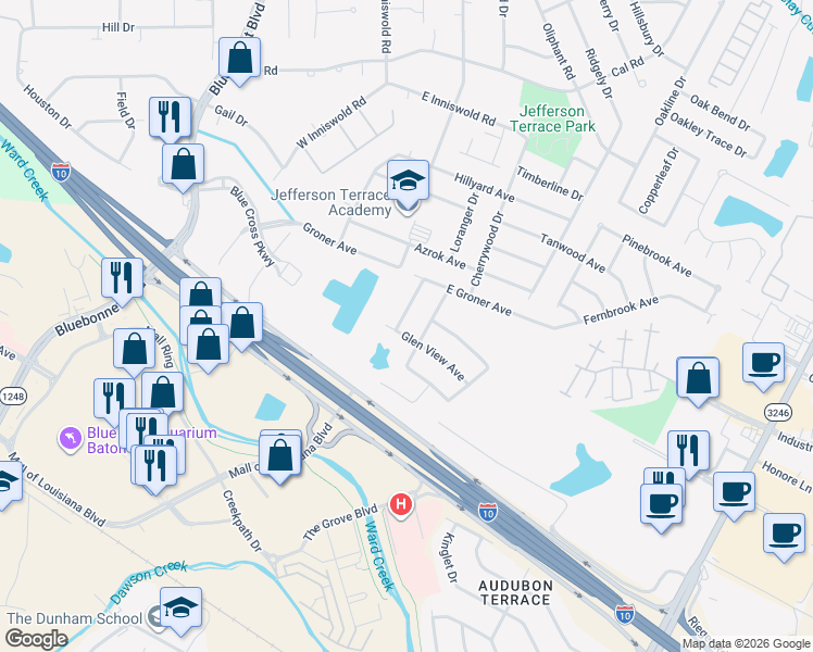 map of restaurants, bars, coffee shops, grocery stores, and more near 5926 Cherryridge Drive in Baton Rouge