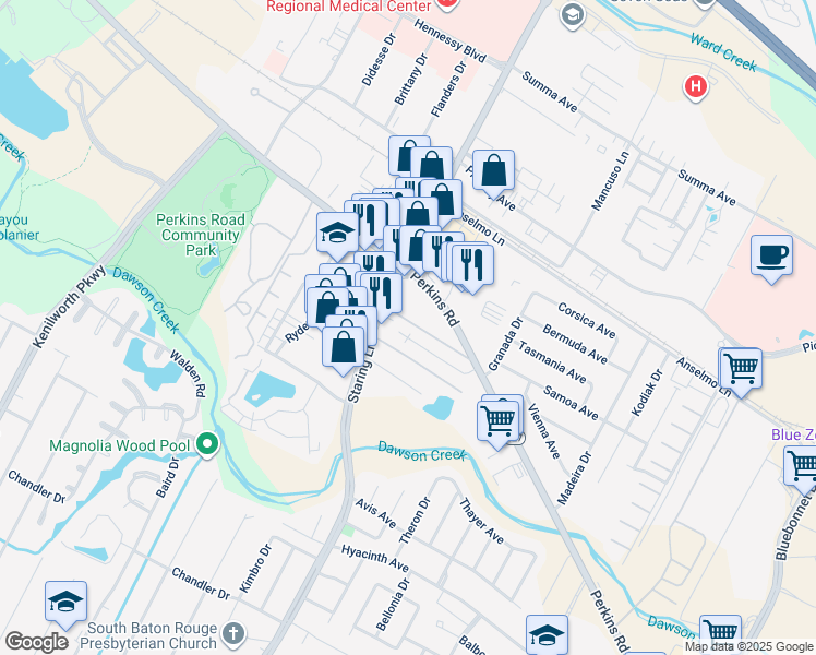 map of restaurants, bars, coffee shops, grocery stores, and more near 2020 Staring Lane in Baton Rouge