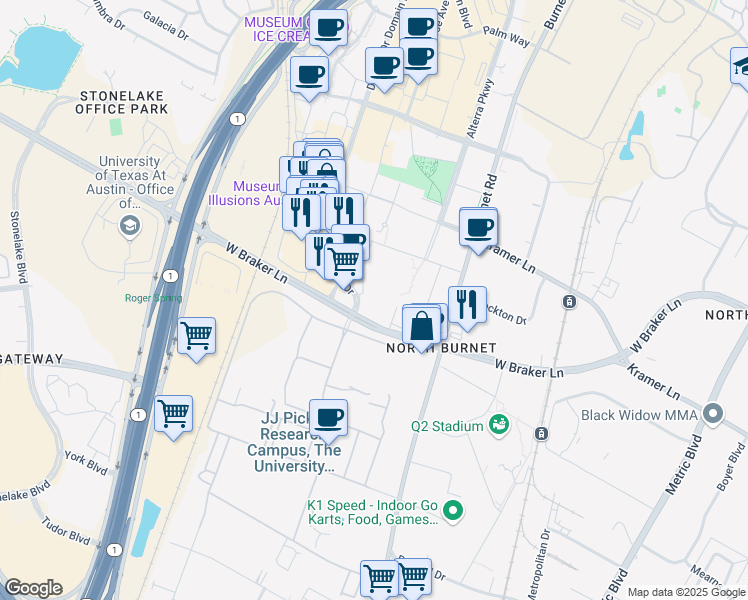 map of restaurants, bars, coffee shops, grocery stores, and more near 10721 Domain Drive in Austin