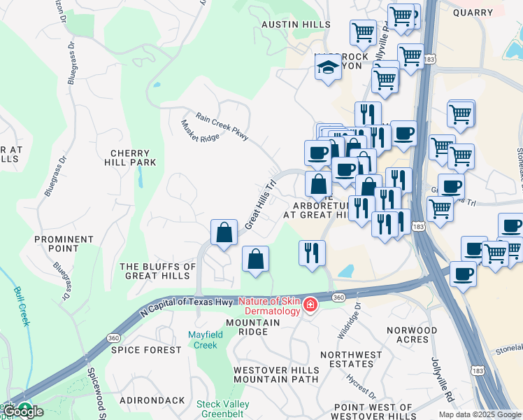 map of restaurants, bars, coffee shops, grocery stores, and more near 9306 Great Hills Trail in Austin