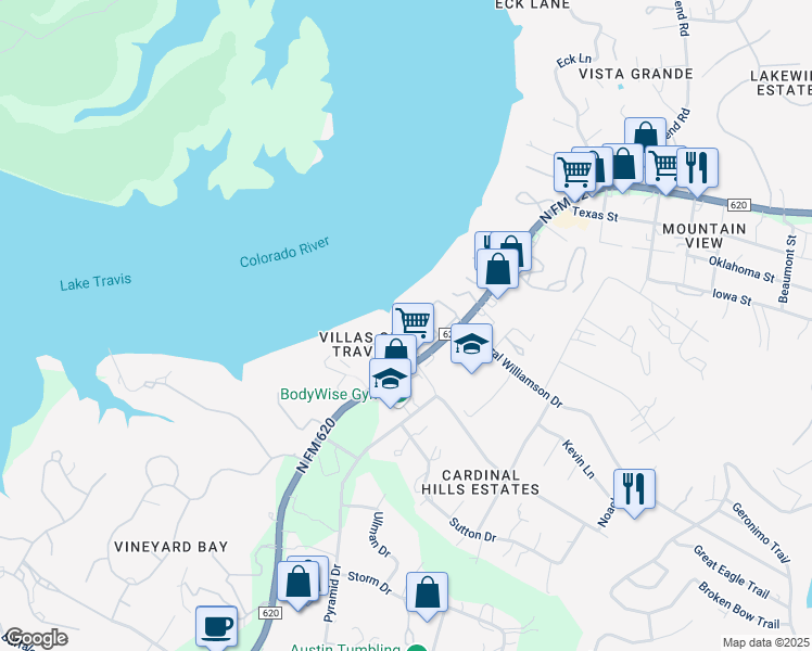 map of restaurants, bars, coffee shops, grocery stores, and more near 2918 Ranch Road 620 North in Austin
