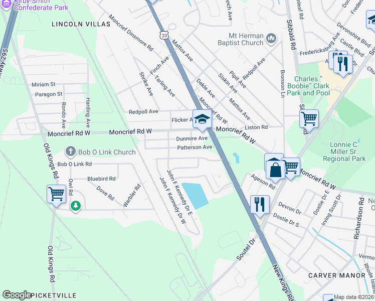 map of restaurants, bars, coffee shops, grocery stores, and more near 5910 Patterson Avenue in Jacksonville