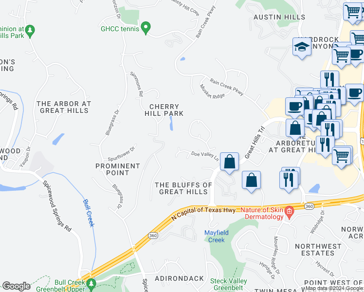 map of restaurants, bars, coffee shops, grocery stores, and more near 9103 Echo Point Cove in Austin