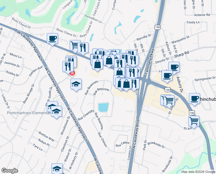 map of restaurants, bars, coffee shops, grocery stores, and more near 1405 Rue Avignon in Mandeville
