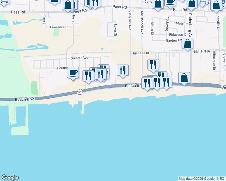map of restaurants, bars, coffee shops, grocery stores, and more near 1879 Beach Boulevard in Biloxi