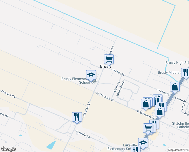 map of restaurants, bars, coffee shops, grocery stores, and more near 321 Sycamore Circle in Brusly