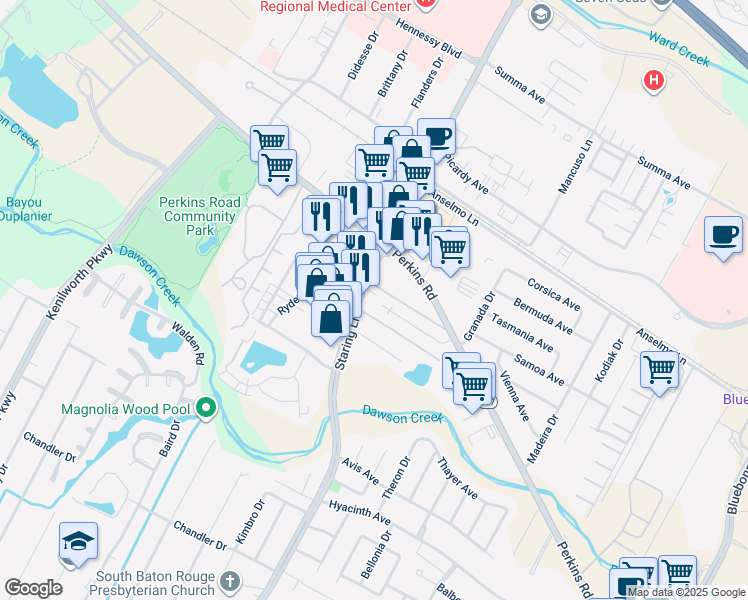 map of restaurants, bars, coffee shops, grocery stores, and more near 2020 Staring Lane in Baton Rouge