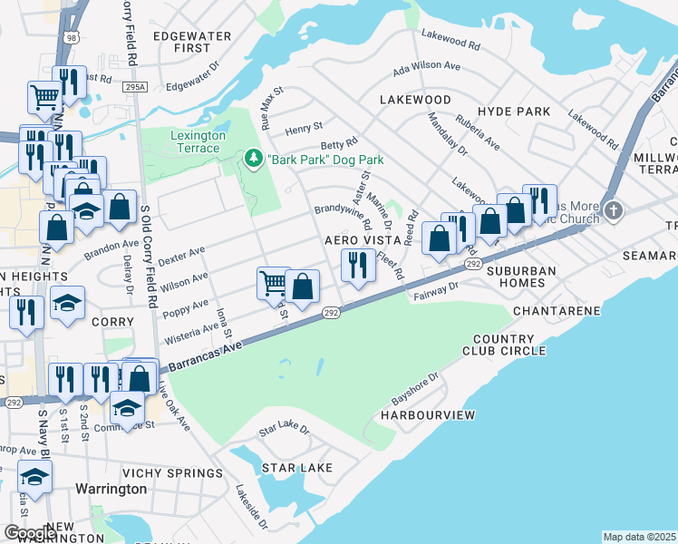 map of restaurants, bars, coffee shops, grocery stores, and more near 106 Jamison Street in Pensacola