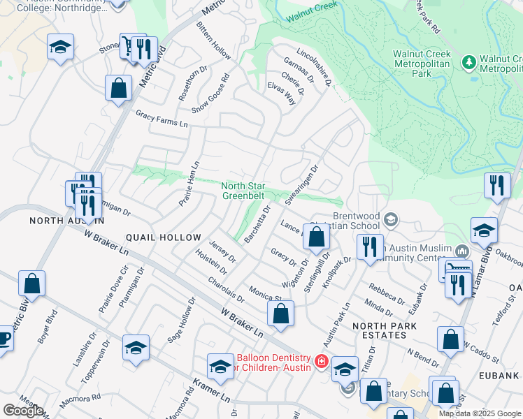 map of restaurants, bars, coffee shops, grocery stores, and more near 11710 Barchetta Drive in Austin