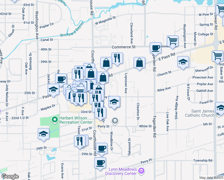 map of restaurants, bars, coffee shops, grocery stores, and more near 622 West Oak Drive in Gulfport