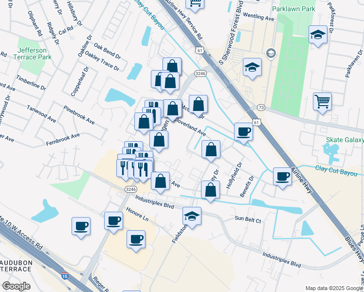 map of restaurants, bars, coffee shops, grocery stores, and more near 6000-6198 Crestmount Dr in Baton Rouge