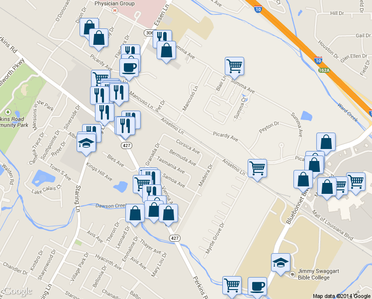 map of restaurants, bars, coffee shops, grocery stores, and more near 9362 Corsica Ave in Baton Rouge