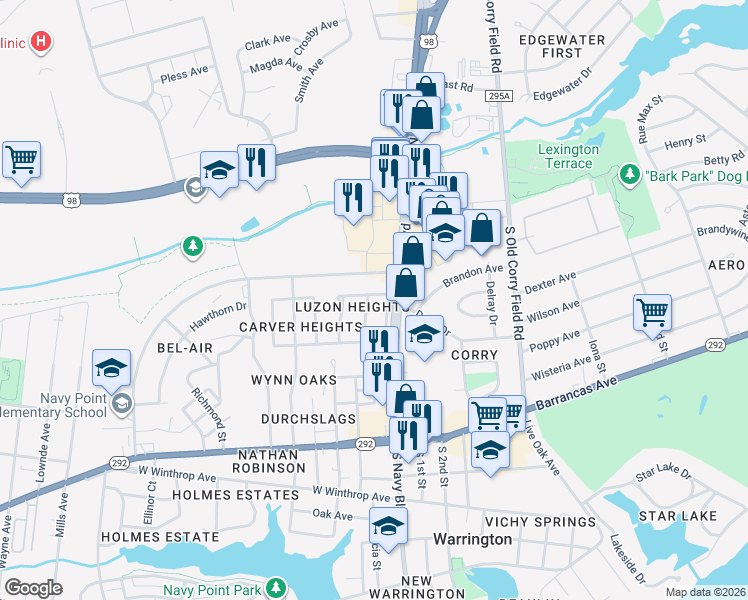 map of restaurants, bars, coffee shops, grocery stores, and more near 101 Mindoro Circle in Pensacola