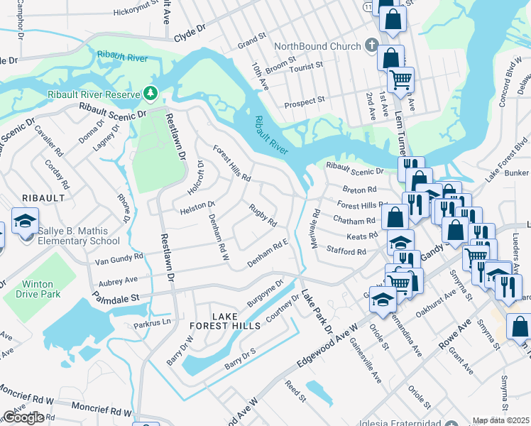 map of restaurants, bars, coffee shops, grocery stores, and more near 1921 Rugby Road in Jacksonville