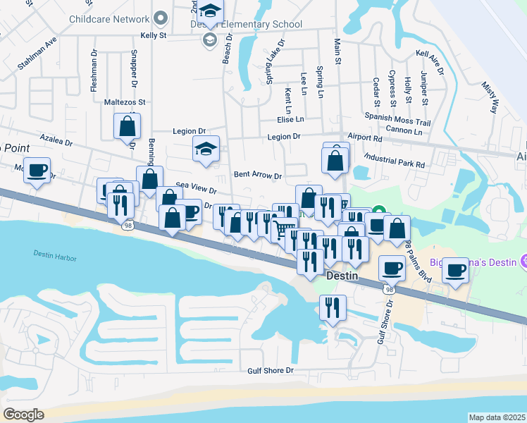 map of restaurants, bars, coffee shops, grocery stores, and more near 175 Lola Circle in Destin