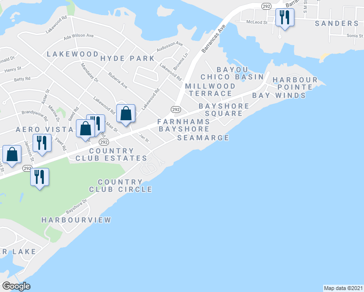 map of restaurants, bars, coffee shops, grocery stores, and more near 603 Bayshore Drive in Pensacola