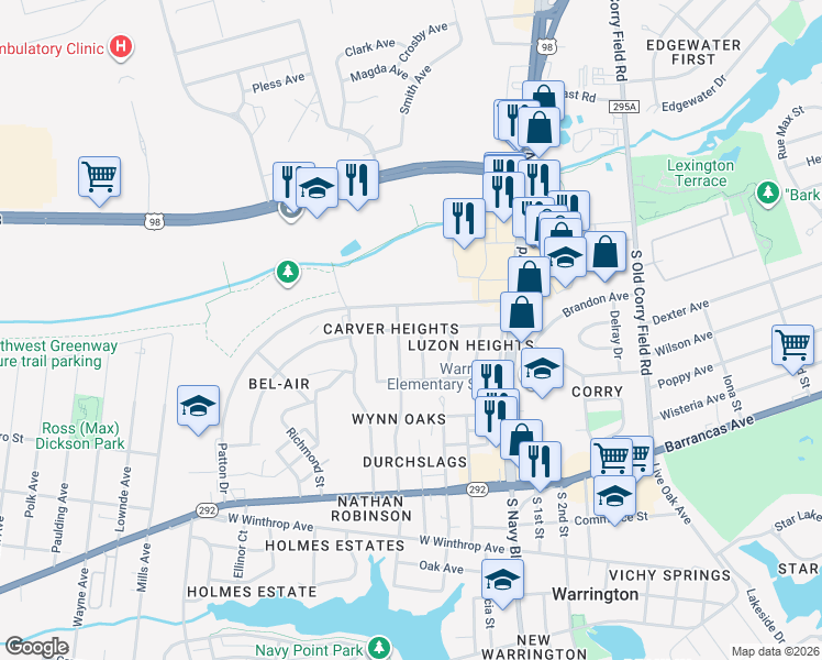 map of restaurants, bars, coffee shops, grocery stores, and more near 19 North Carver Drive in Pensacola