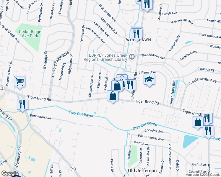 map of restaurants, bars, coffee shops, grocery stores, and more near 6522 Snowden Drive in Baton Rouge