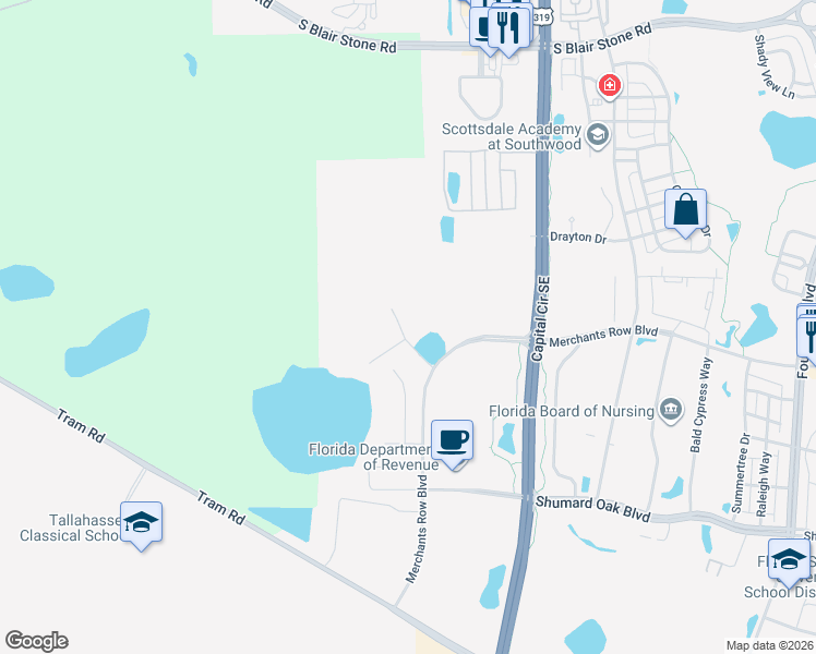 map of restaurants, bars, coffee shops, grocery stores, and more near 0 Merchants Row Boulevard Ste in Tallahassee