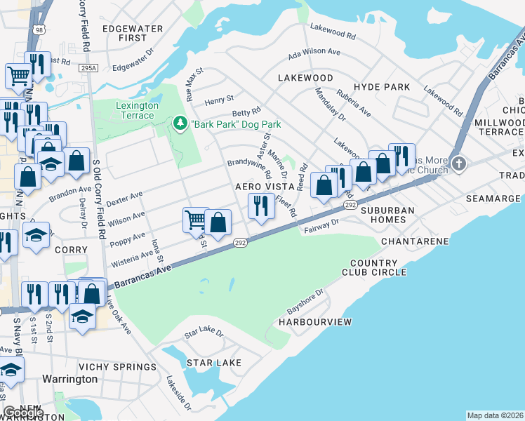 map of restaurants, bars, coffee shops, grocery stores, and more near 10 Marine Drive in Pensacola