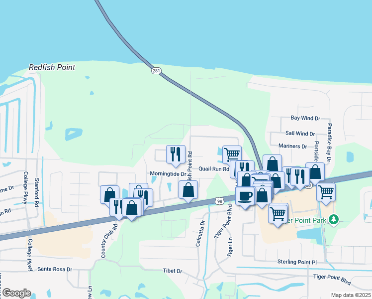 map of restaurants, bars, coffee shops, grocery stores, and more near 3445 Pelican Bay Circle in Gulf Breeze
