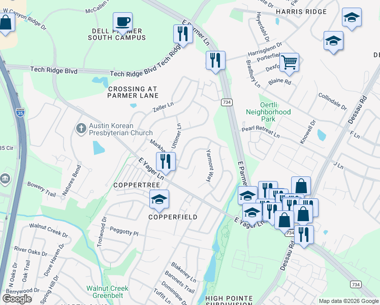 map of restaurants, bars, coffee shops, grocery stores, and more near 12328 Little Emily Way in Austin
