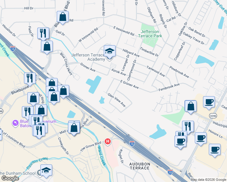 map of restaurants, bars, coffee shops, grocery stores, and more near 5926 Cherryridge Drive in Baton Rouge